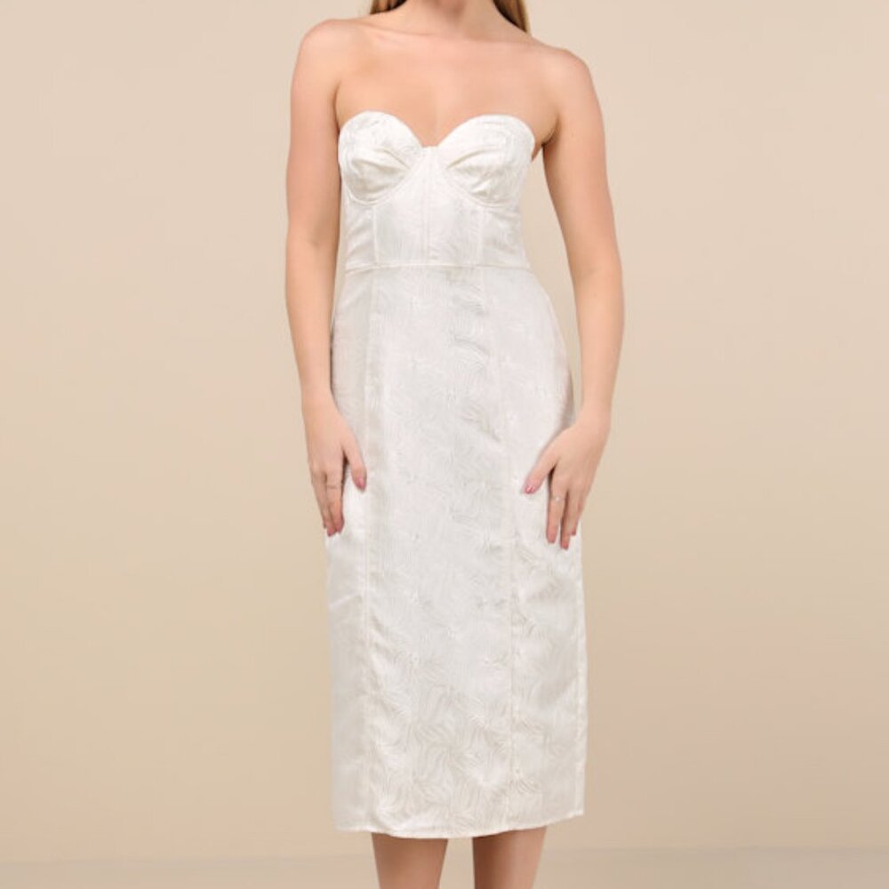 Lulus Adena White Jacquard Strapless Bustier Midi Dress - Size S
